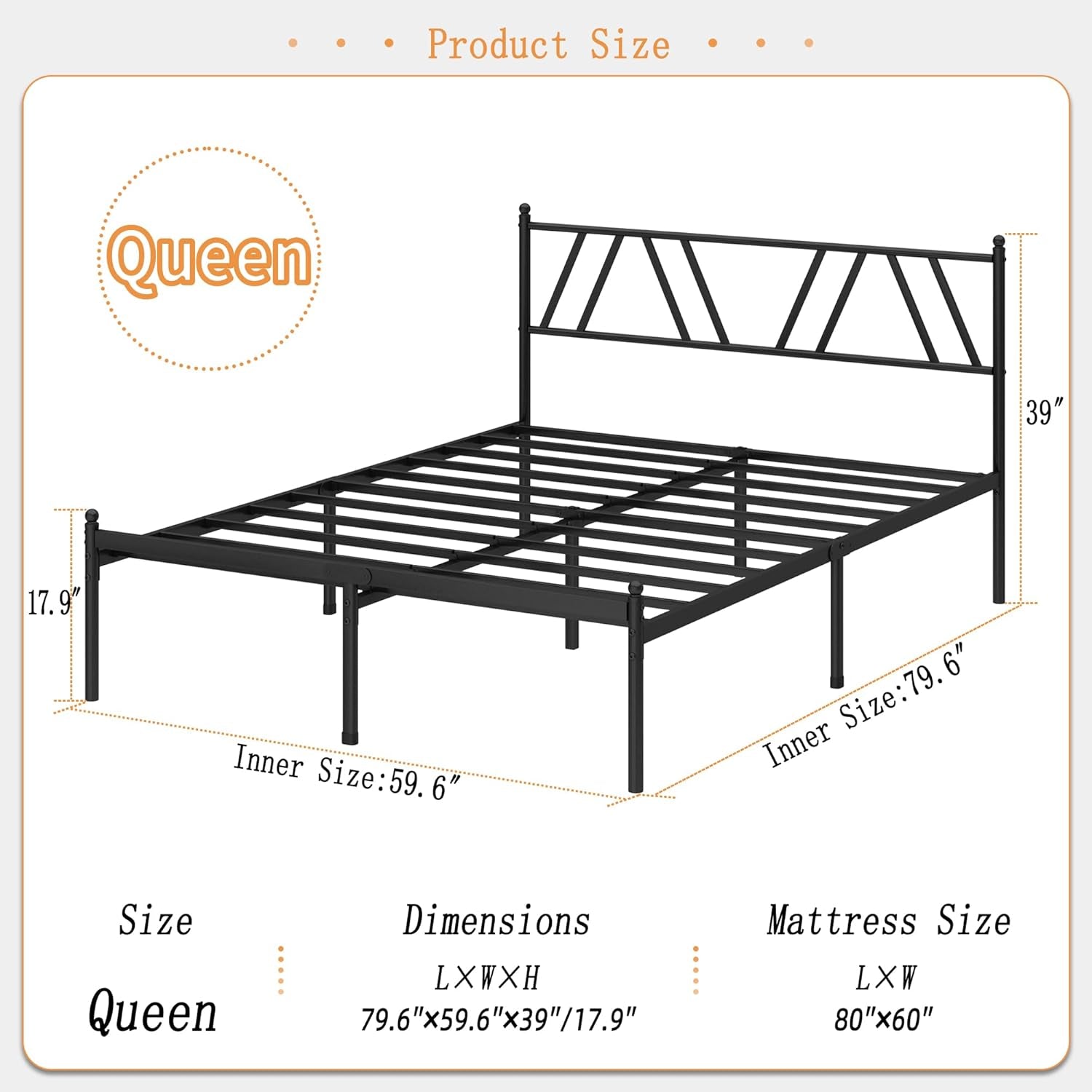 Metal Platform Bed Frame with Headboard, 14 Inches Queen Bed, No Box Spring Needed, Steel Slat Support, Black, Easy Assembly