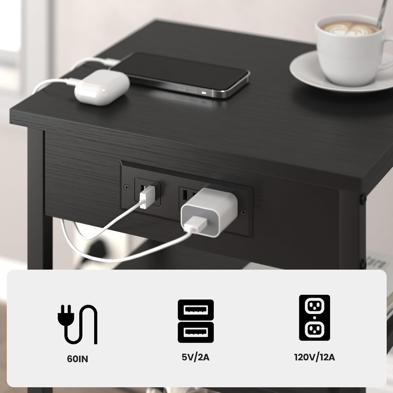 End Tables with Charging Station USB Ports, 3 Tier Tall Night Stand with Storage Shelves,Narrow Side Table for Small Space Living Room Bedroom Office, Record Player Stand, Black