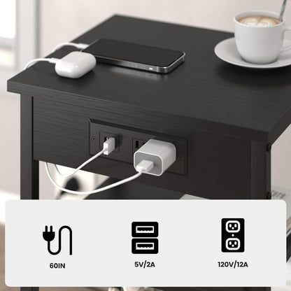 End Tables with Charging Station USB Ports, 3 Tier Tall Night Stand with Storage Shelves,Narrow Side Table for Small Space Living Room Bedroom Office, Record Player Stand, Black