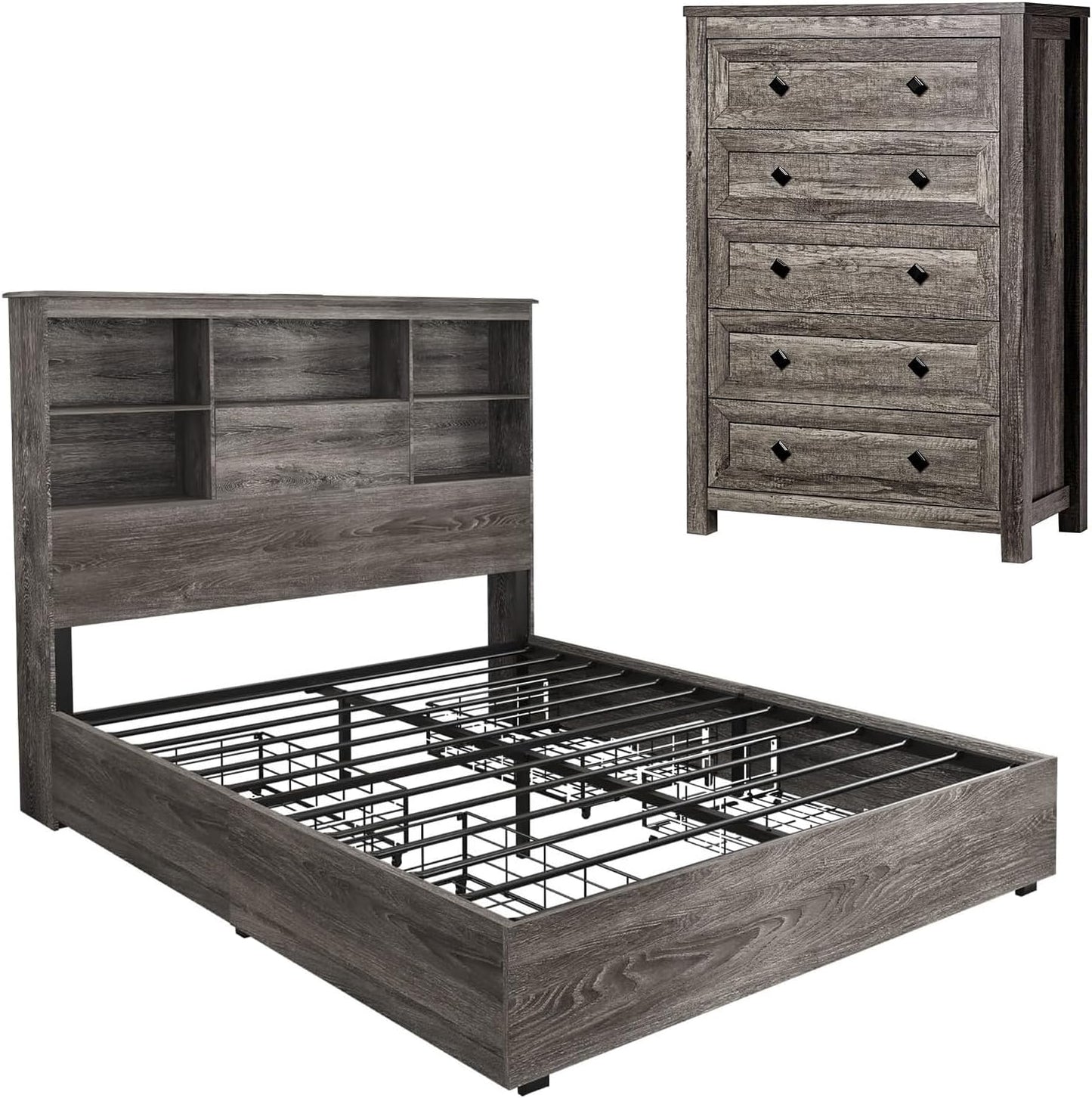 2-Piece Bedroom Set, Farmhouse Full Size Bed Frame and 5 Drawers Dresser, Wooden Storage Bed with Charging Station & 4 Drawers, Tall Dressers Organizer with Metal Handles for Bedroom, Grey