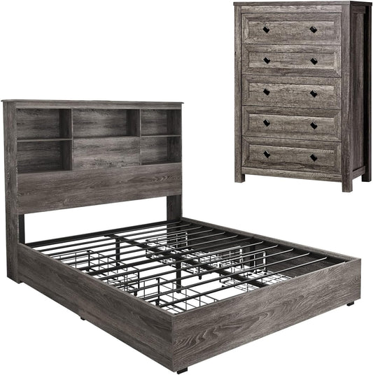 2-Piece Bedroom Set, Farmhouse Full Size Bed Frame and 5 Drawers Dresser, Wooden Storage Bed with Charging Station & 4 Drawers, Tall Dressers Organizer with Metal Handles for Bedroom, Grey