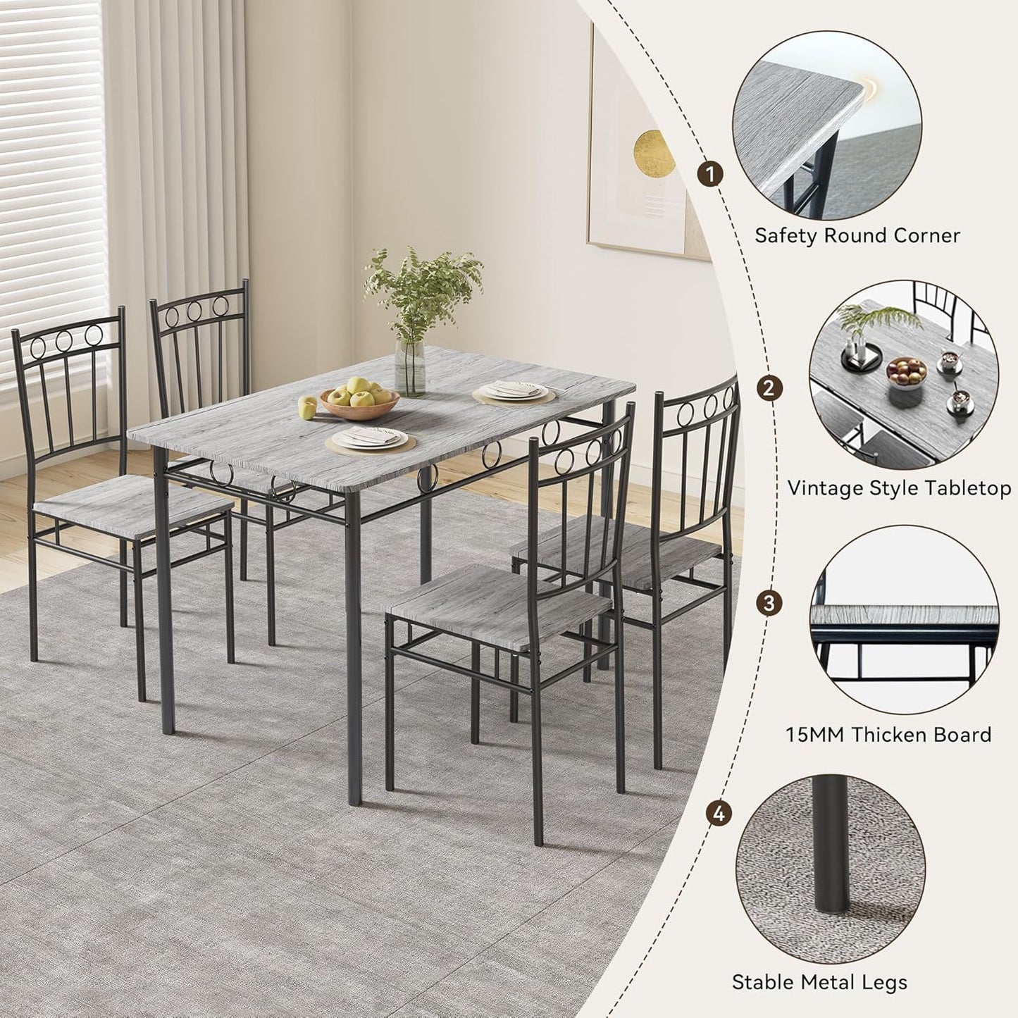 Rectangular Dining Room Table Set with 4 Chairs, Space-Saving Kitchen Table Set for Small Space, Retro Grey