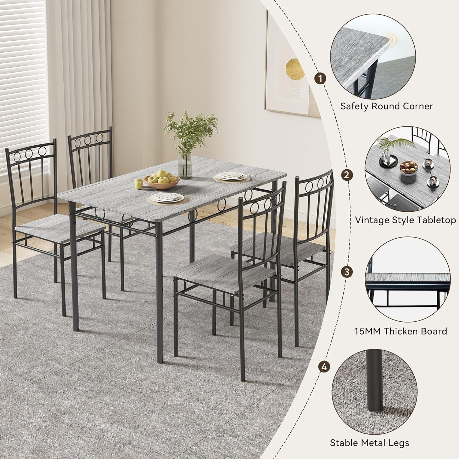 Rectangular Dining Room Table Set with 4 Chairs, Space-Saving Kitchen Table Set for Small Space, Retro Grey