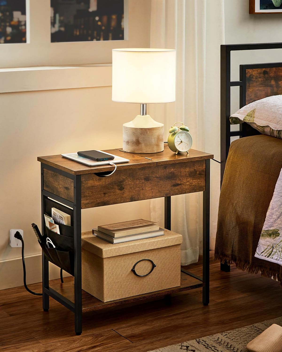 Side Tables with Storage, Set of 2 End Tables with USB Ports and Outlets, Nightstands with Charging Stations, Fabric Bags, for Living Room, Bedroom, Rustic Brown and Black ULET315B01V1