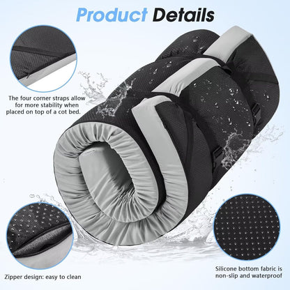 Memory Foam Camping Mattress Pad,3Inch Sleeping Pad for Camping,Non-Slip Bottom Floor Cot Car Mattress Bed with Retaining Portable Roll up Mattress Pad Mat for Travel Truck Guest Bed Tent