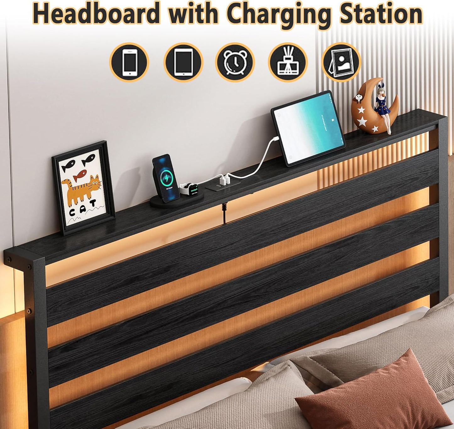 14 Inch Classic Metal Platform Bed Frame-Full Size Bed Frame with Headboard,Steel Slats Support-Led Bed Frame with USB Charging Station,Under Bed Storage,No Box Spring Needed,Noise Free