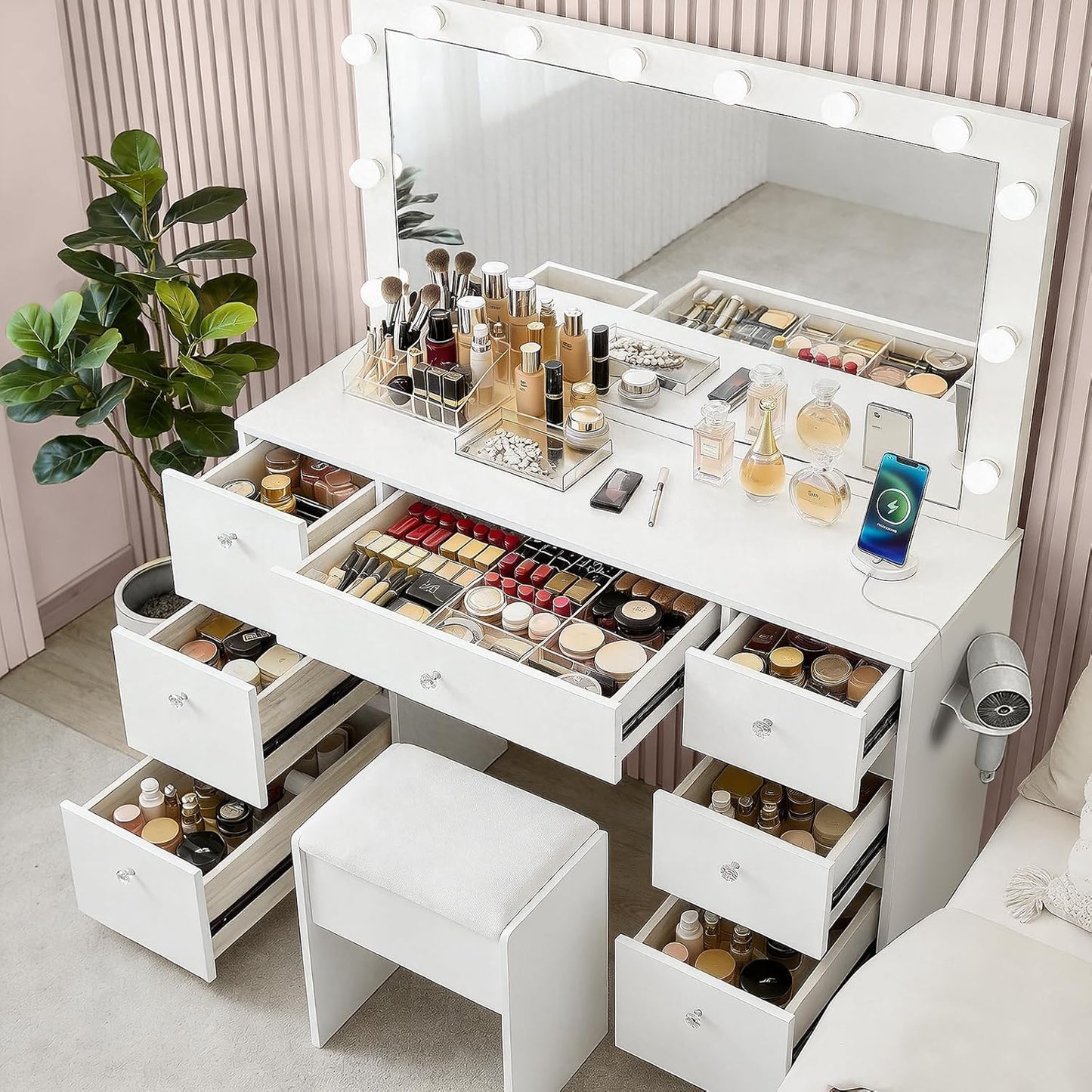 Sweetgo 46" Vanity with Lighted Mirror, Glass Top Makeup Vanity Desk with LED Lights, 3 Color Modes, Charging Station, 7 Drawers Vanity Table Set with Stool for Bedroom, White