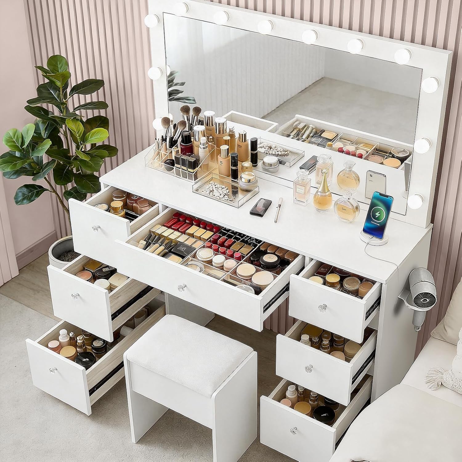 Sweetgo 46" Vanity with Lighted Mirror, Glass Top Makeup Vanity Desk with LED Lights, 3 Color Modes, Charging Station, 7 Drawers Vanity Table Set with Stool for Bedroom, White