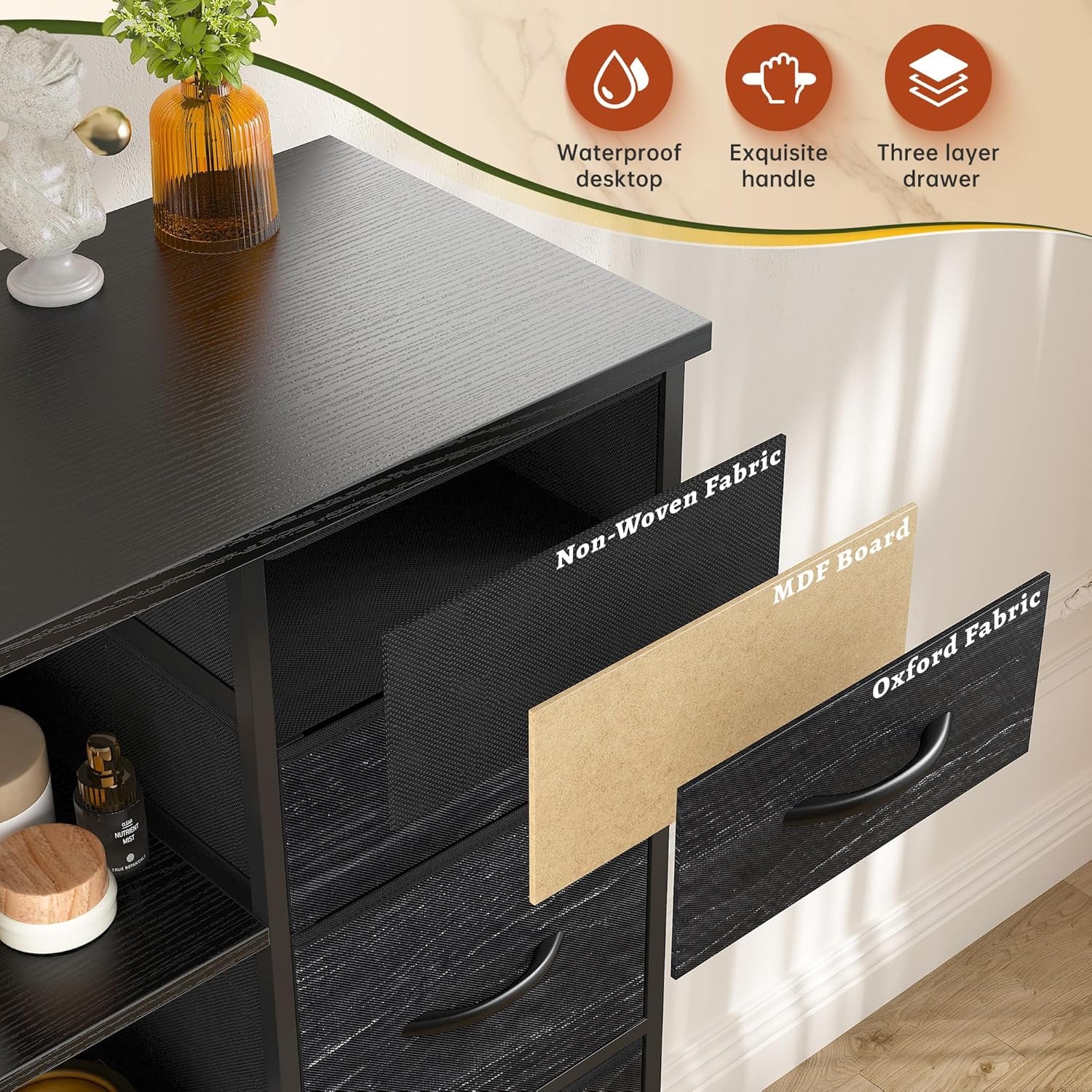 51" H Dresser with 15 Drawers Dresser for Bedroom with Charging Station & LED Lights & Hutch Sturdy Black Bedroom Dressers, Steel Frame, Wood Top, 51.2" H X 39.3" W X 11.8" D