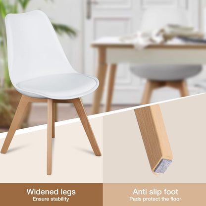 Set of 4 Dining Kitchen Mid-Century Modern Chairs with Wood Legs and PU Leather Cushion for Living Room Bedroom Outdoor Lounge, White