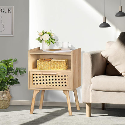 Rattan Nightstand, Boho Side Table with Drawer Open Shelf, Cane Accent Bedside End Table with Solid Wood Legs for Bedroom, Dorm and Small Spaces (Natural)