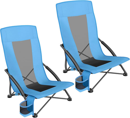 Set of 2 Portable Beach Chairs for Adults, Max. Load 330 Lb Each, High Backrest, Cup Holder, Lightweight, Heavy-Duty, Light Blue UGCB067Q01V1