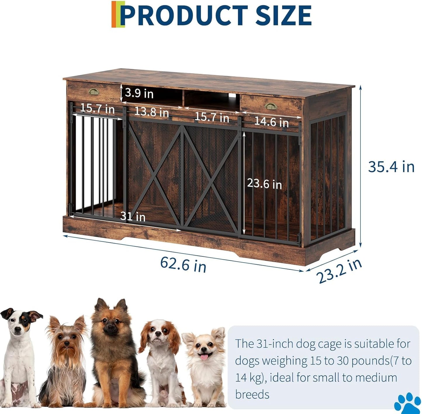 63" Large Dog Crate Furniture, Heavy Duty Indoor Dog Kennel with Removable Divider, Sliding Doors, 2 Drawers and Open Shelves, Decorative TV Stand, Rustic Brown