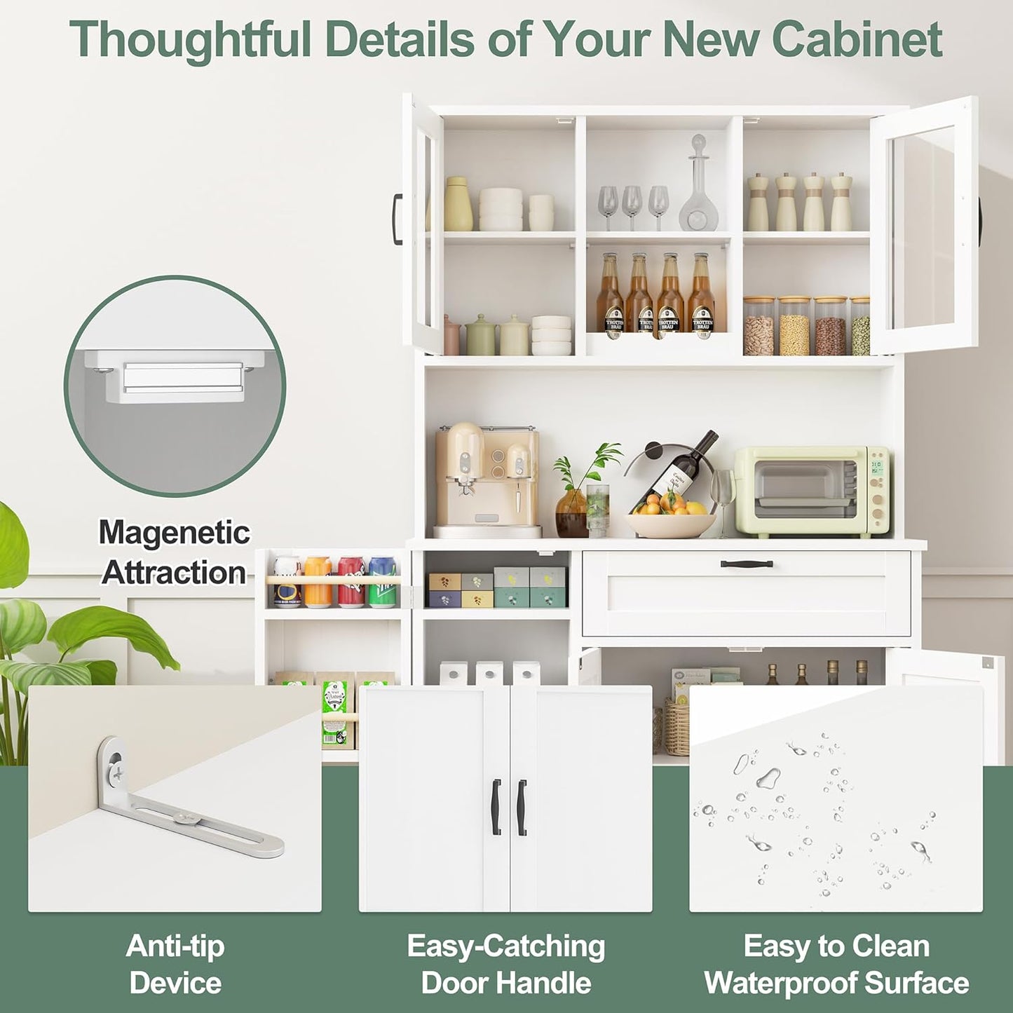 Kitchen Pantry Storage Cabinet, Freestanding Buffet Cabinet with Microwave Stand & 4 Door Shelves, Kitchen Hutch with Doors, Adjustable Shelves and Wine Rack, White
