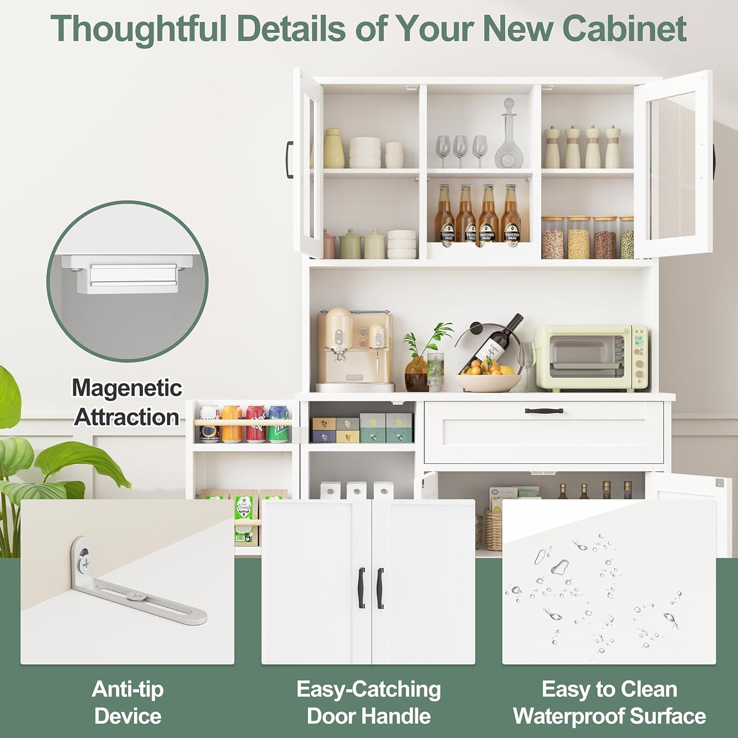 Kitchen Pantry Storage Cabinet, Freestanding Buffet Cabinet with Microwave Stand & 4 Door Shelves, Kitchen Hutch with Doors, Adjustable Shelves and Wine Rack, White