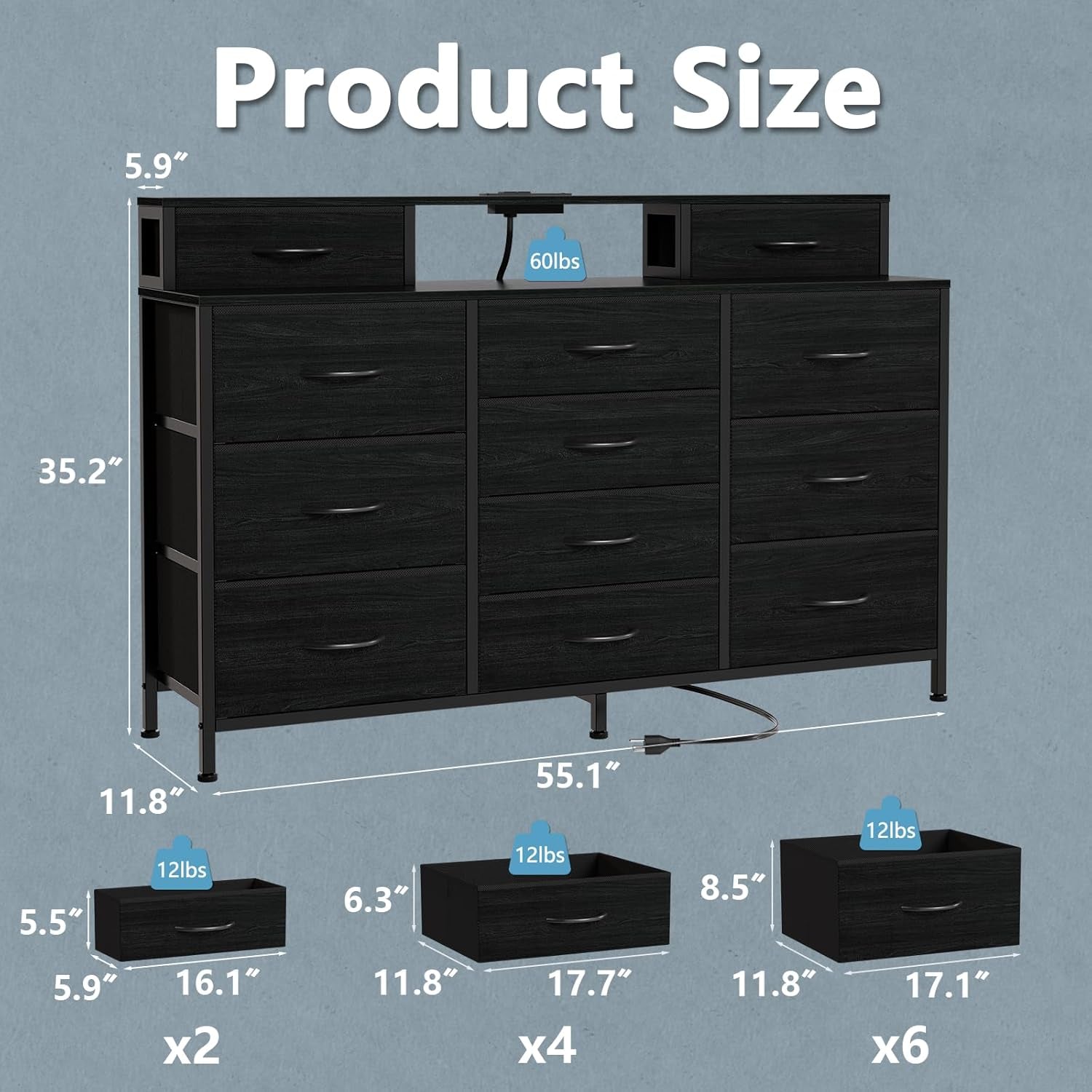 55" W Dresser for Bedroom with LED Lights and Power Outlets,Black Large 12 Storage Drawers Long Fabric Chests Dressers with 2 Shelves for Closet,Living Room,Entryway,Wooden Top,Metal Frame