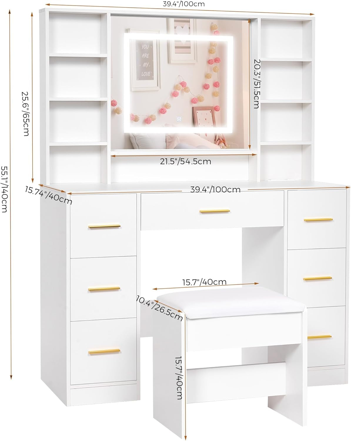 Vanity Desk Table with Lighted Mirror 39.4“ Girls Makeup Vanity with Power Outlet 3 Colors Lighting Adjustable Brightness Vanity Table for Women Bedroom Dressing Room White UBDT65W