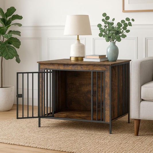 Dog Crate Furniture 40" Sturdy Heavy Duty Dog Kennel Solid Metal Tube Thick Wooden with 3 Lockable Doors Single Dog Cage Large Breed as TV Stand End Table for Large Dog Rustic Brown