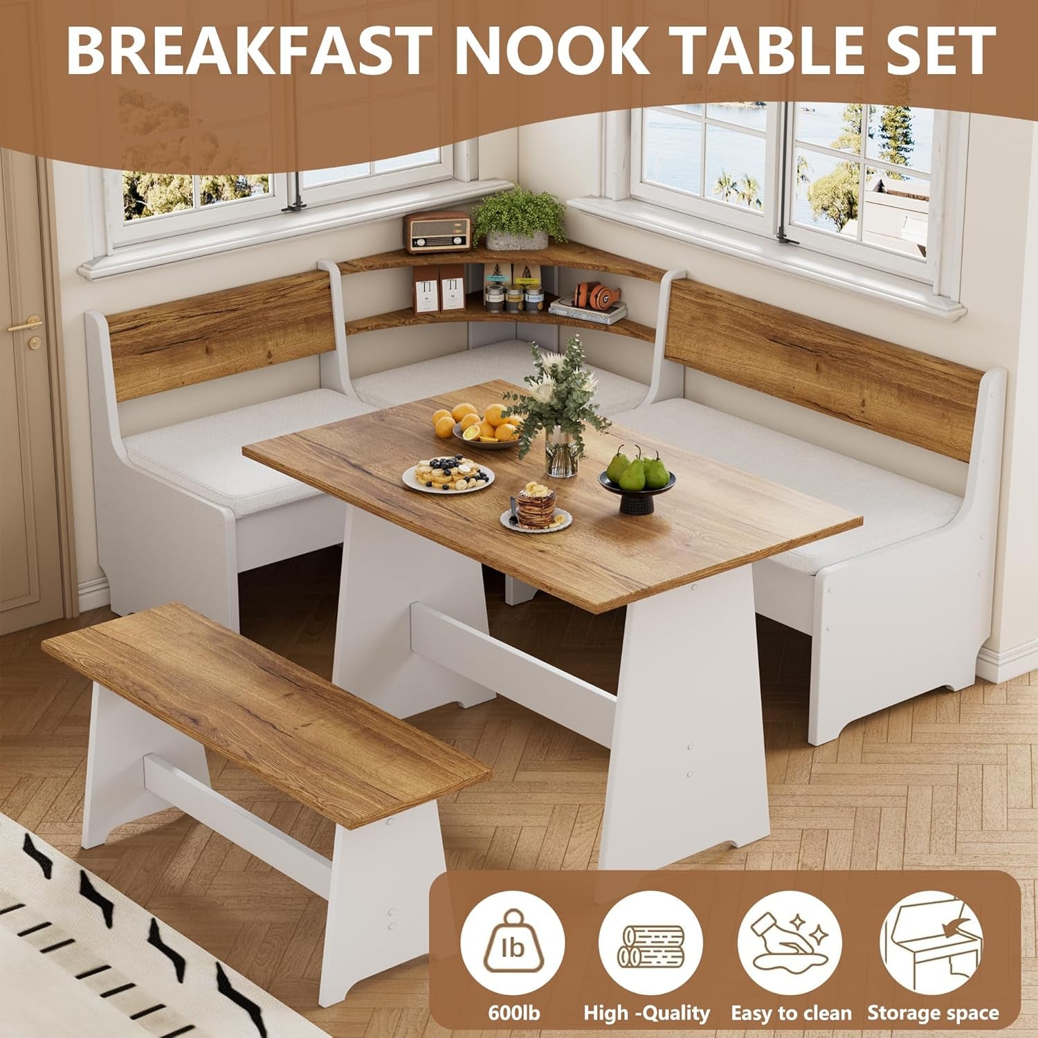 Corner Breakfast Nook Table Set with Cushion, L-Shape Kitchen Dining Table with Bench, Farmhouse Wood Breakfast Nook Bench with Hidden Storage,White & Brown