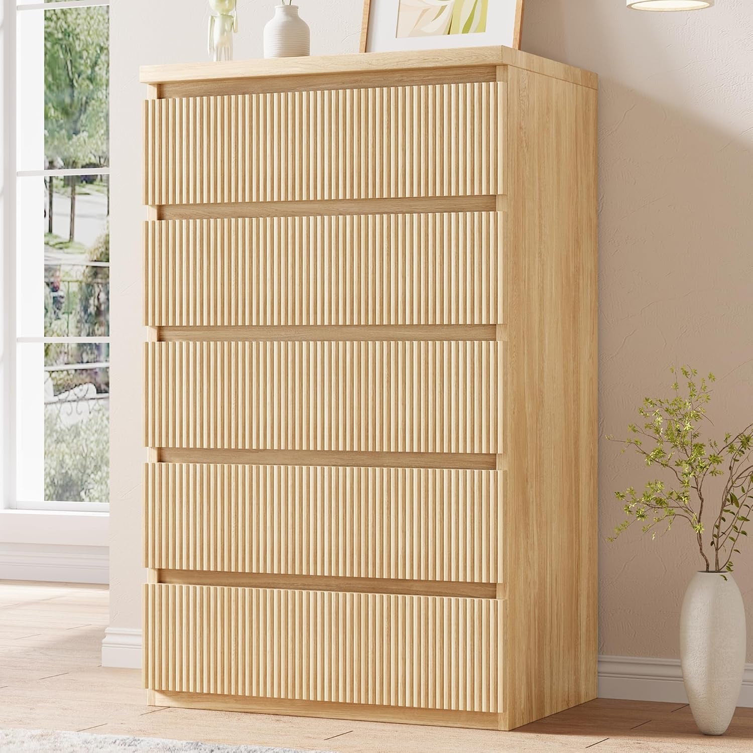 Fluted 5 Drawer Dresser for Bedroom, 43" Tall Dresser for Bedroom, Modern Fluted Chest of Drawers, Handle-Free/Floor-Mounted Wood Drawer Dresser for Living Room, Bedroom, Entryway, Hallway (Oak)