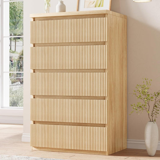Fluted 5 Drawer Dresser for Bedroom, 43" Tall Dresser for Bedroom, Modern Fluted Chest of Drawers, Handle-Free/Floor-Mounted Wood Drawer Dresser for Living Room, Bedroom, Entryway, Hallway (Oak)