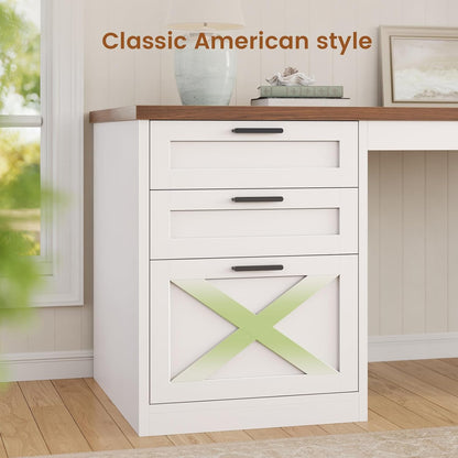55.1" Farmhouse Office Desk with 3 Drawers, Executive Desk with File Drawer & Storage Shelves, Computer Desk with Power Outlet for Home Office, White and Brown