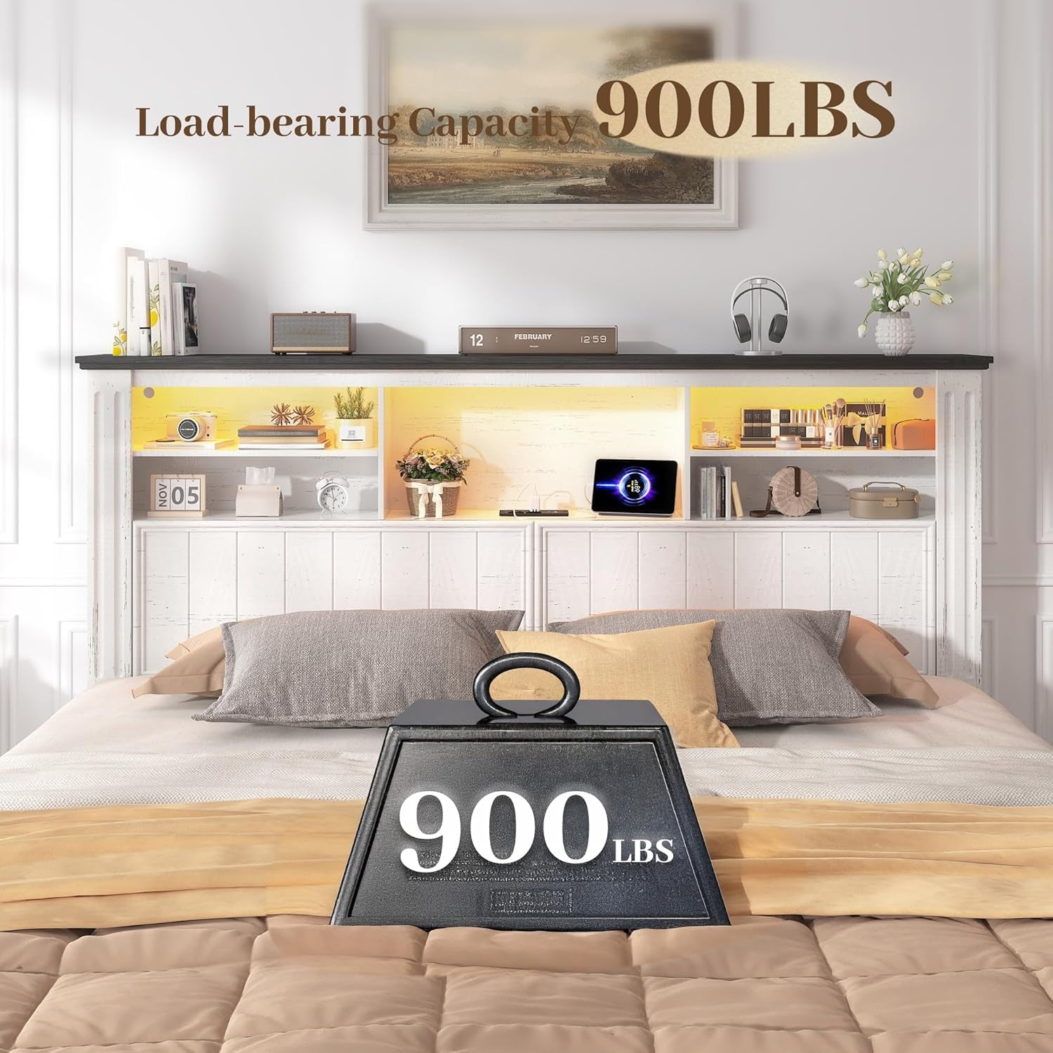 Queen Bed Frame with Headboard, Bed Frame Queen Size with 4 Drawers Charging Port & LED, Farmhouse Queen Bed Built in Charging Station,No Box Spring Needed,No Noise,White with Grain Marks