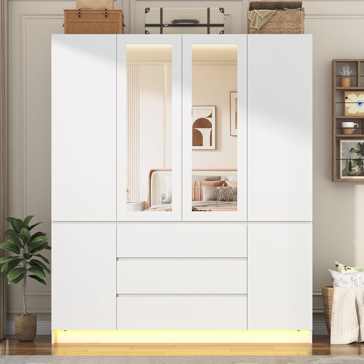 4 Doors Armoire Wardrobe Closet with 3 Drawers & Mirror, Modern Wooden Bedroom Armoires with Hanging Rod Led Lights for Bedroom, White