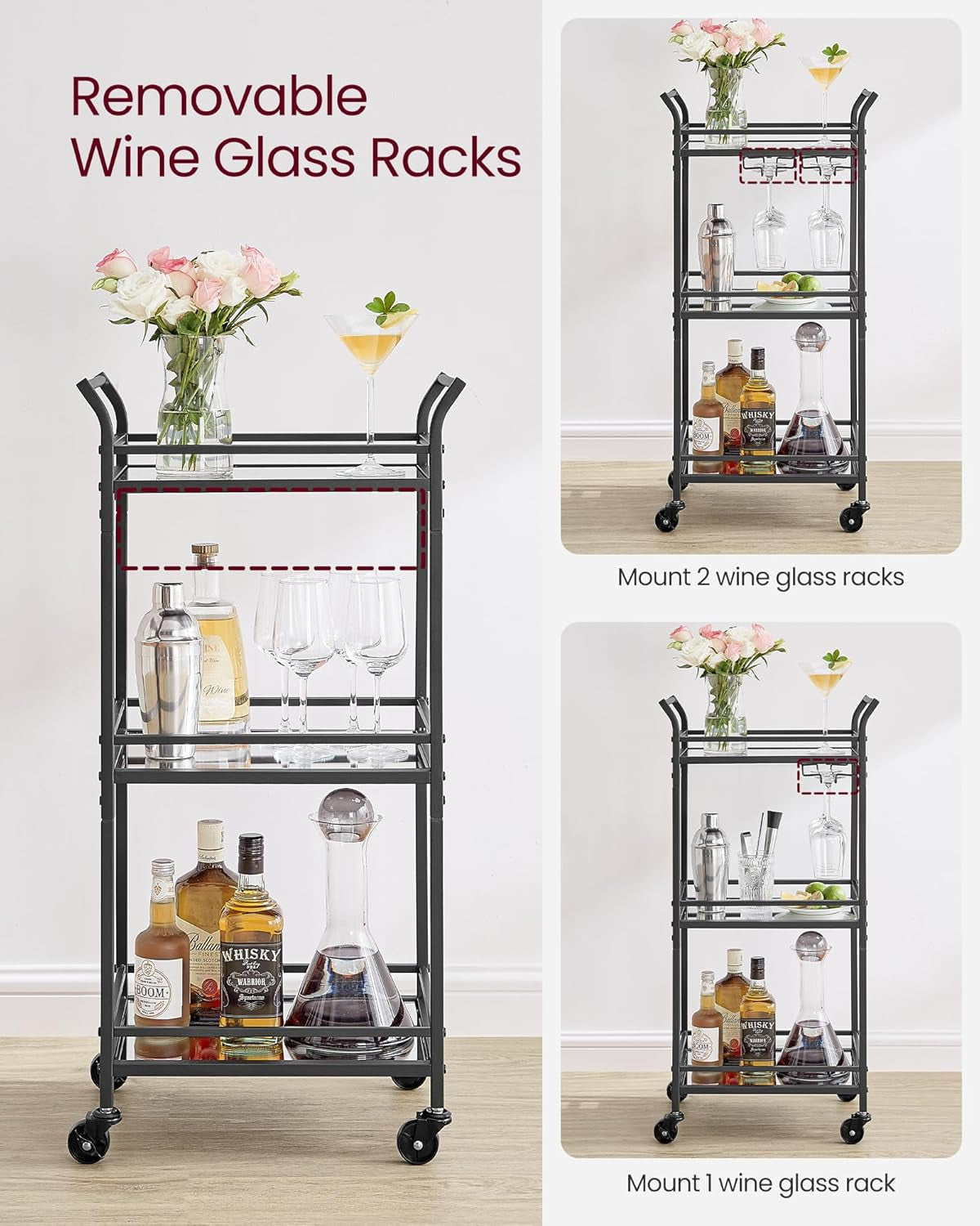 Bar Cart, Home Bar Serving Cart, Small Bar Serving Cart with 3-Tier Shelf, Wine Holders, Glass Holders, Mini Bar Cart for Small Spaces, Kitchen, Dining Room, Living Room, Ink Black