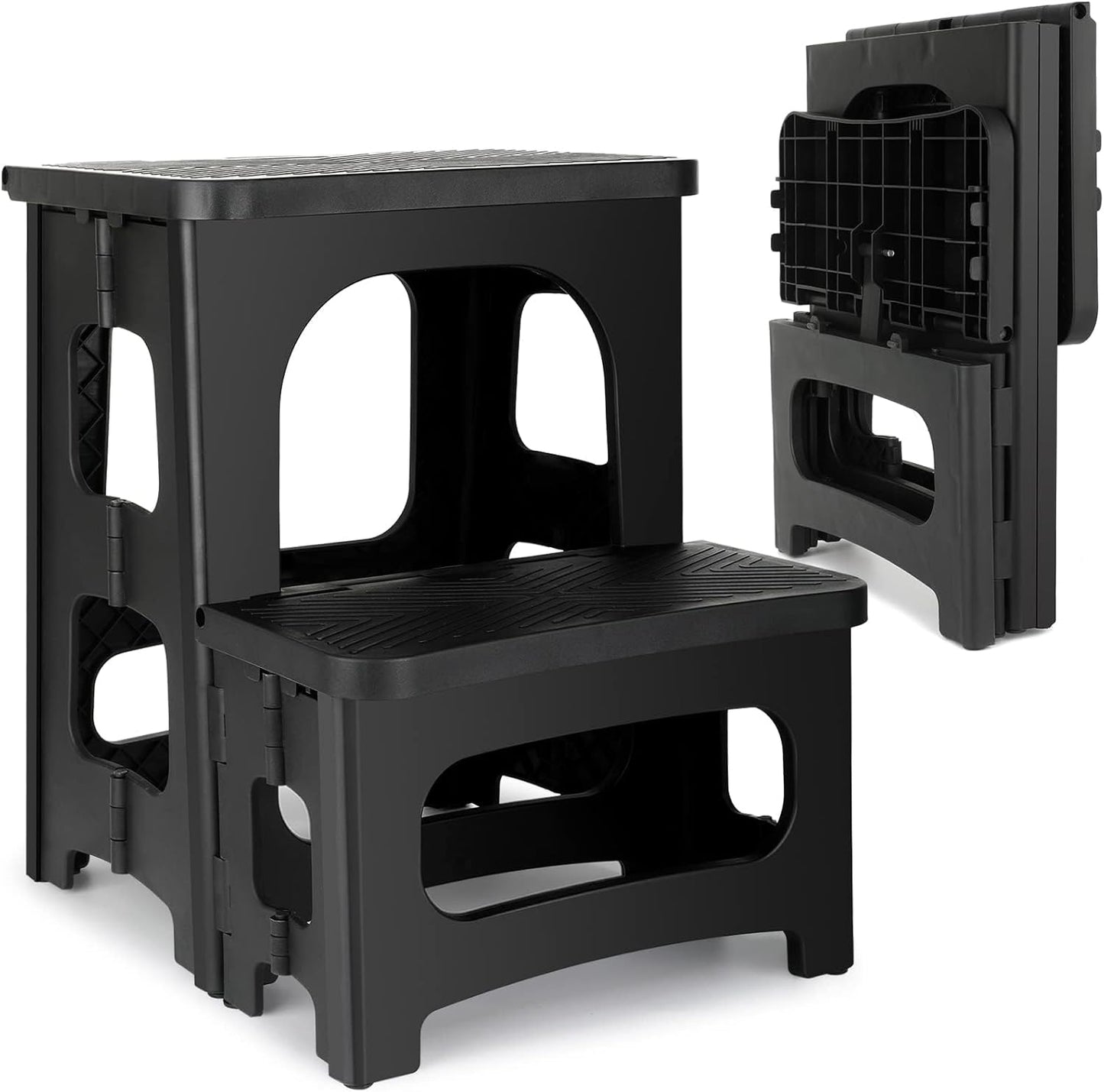 Folding 2-Step Stool, Non-Slip Portable Footstool 8'' & 17'' Dual Heights, Holds 300 Lbs, Portable Footstool for Kitchen Home Toilet Bedroom Office Bathroom Rv(Black)