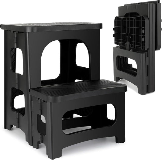 Folding 2-Step Stool, Non-Slip Portable Footstool 8'' & 17'' Dual Heights, Holds 300 Lbs, Portable Footstool for Kitchen Home Toilet Bedroom Office Bathroom Rv(Black)