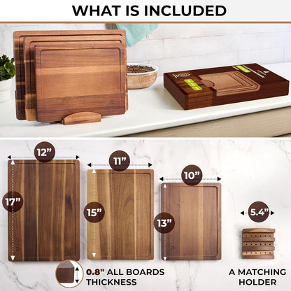 Acacia Wood Cutting Board Set of 3 with Holder, Juice Grooves & Built-In Handles - Durable, Wooden Cutting Boards for Kitchen, Perfect for Chopping, Food Prep and Serving as a Charcuterie