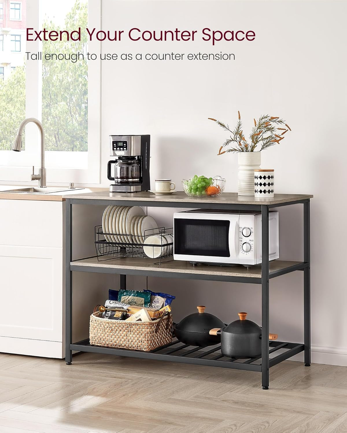 Kitchen Island with 3 Shelves, 47.2 Inches Width Kitchen Shelf with Large Worktop, Stable Steel Structure, Industrial, Easy to Assemble, Oak Color and White UKKI001W09