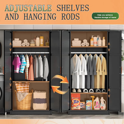 Metal Wardrobe Closet with Doors and Shelves,72" Black Armoire Wardrobe Closet for Hanging Clothes for Home,Bedroom,School,Employee,Gym(36" W X 18" D,Warm Style)