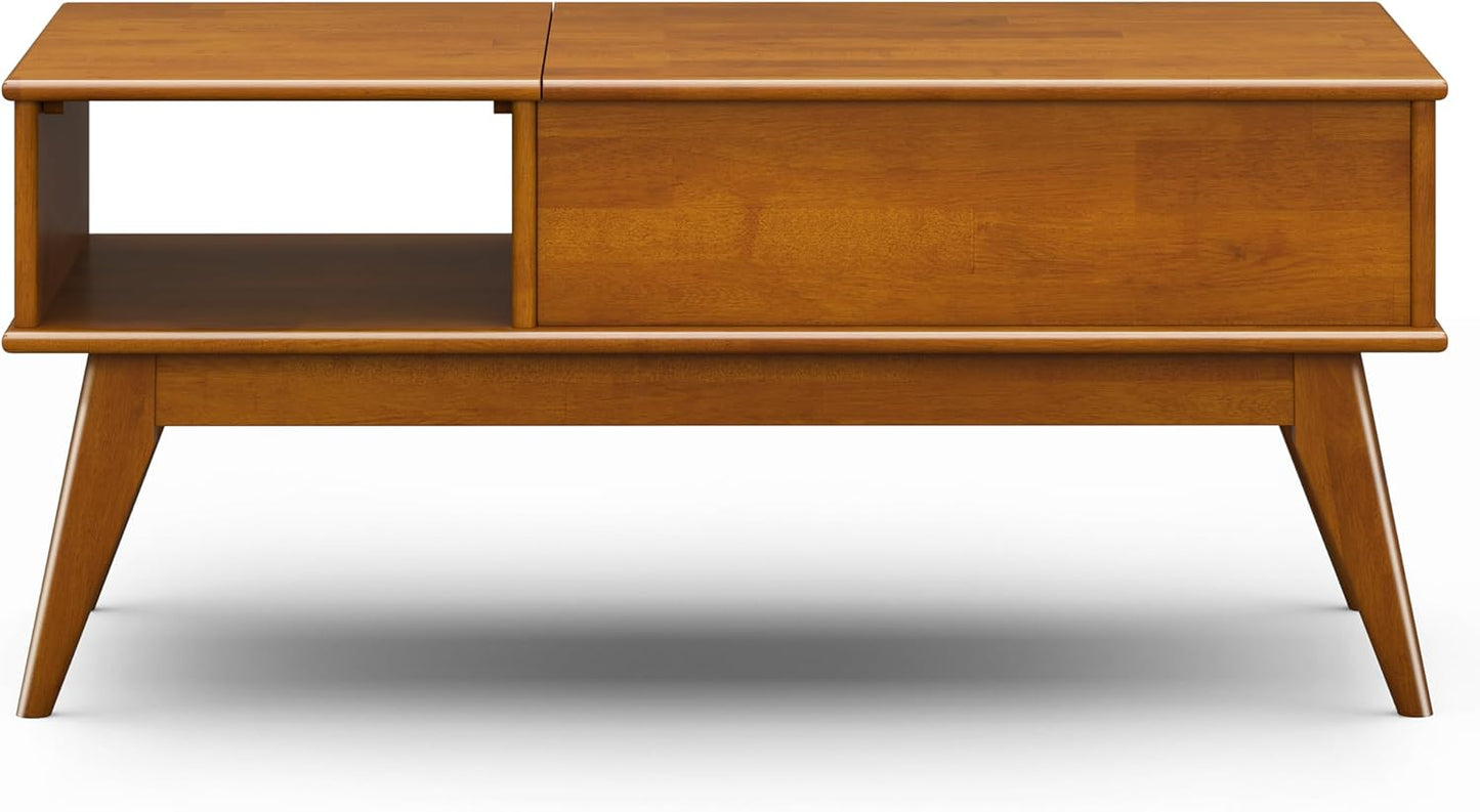 Draper Lift Top Coffee Table - 48 Inch Wide Solid Hardwood Mid-Century Modern Cocktail Table in Teak Brown, Functional Living Room Table with Storage Compartment, Open Shelf and Angled Legs