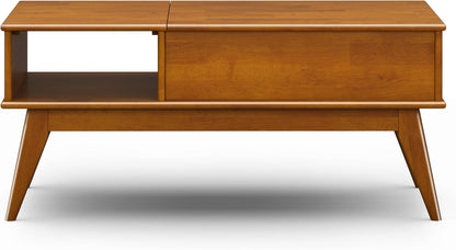 Draper Lift Top Coffee Table - 48 Inch Wide Solid Hardwood Mid-Century Modern Cocktail Table in Teak Brown, Functional Living Room Table with Storage Compartment, Open Shelf and Angled Legs