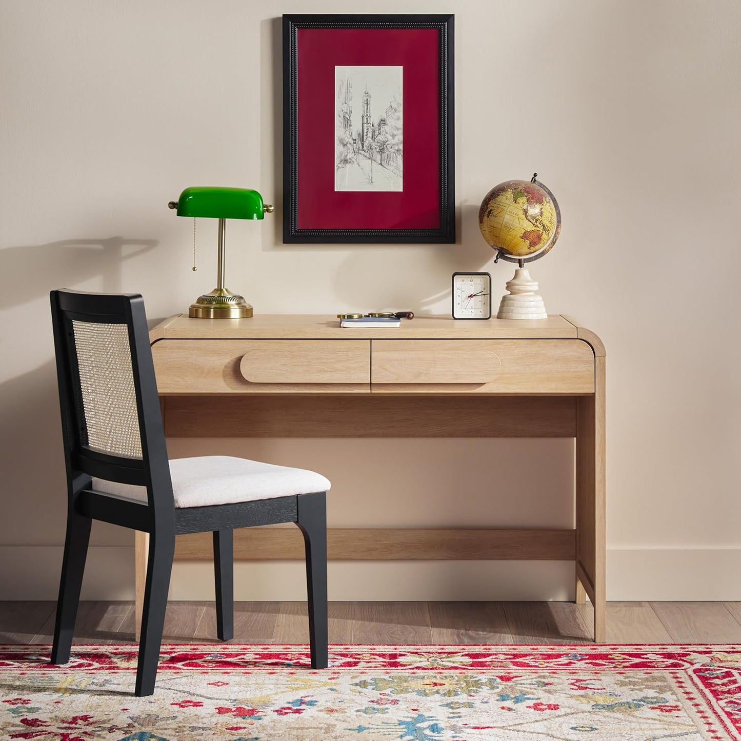 Modern Curved Waterfall Desk with Drawers, Rounded Edge Desk for Home Office or Living Space, Statement Console Table with Oversized Drawer Pulls, 45”W X 20”D X 30”H, Coastal Oak