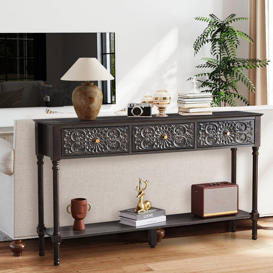 55.5" Carved Console Table with 3 Drawers, 2-Tier Sofa Table with Glossy Floral Surface and Solid Wood Legs, Mid-Century Modern Entryway Table for Living Room Hallway (Antique Black-Brown)