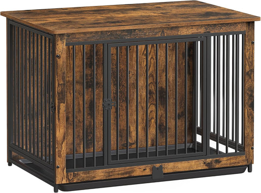 Dog Crate Furniture, 38 Inches Dog Kennel for Dogs up to 70 Lb, with Removable Tray, Heavy-Duty Dog Cage End Table, Double Doors Dog House, Rustic Brown UPFC013X01