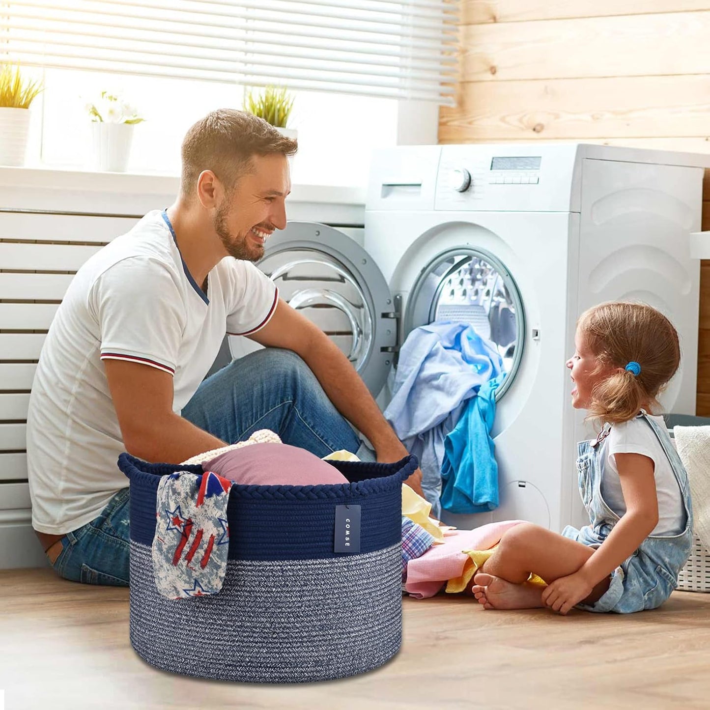 Extra Large Blanket Basket, Woven Laundry Basket, 21.7”X 13.8”, Nursery Hamper, Cotton Rope Laundry Hamper Living Room for Storage Toys Clothes Towels (Navy Blue)