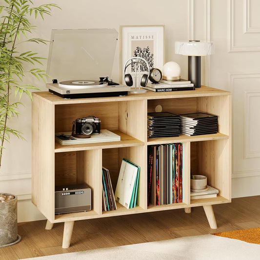 Record Player Stand with Vinyl Storage, 39.5In Large Vinyl Record Holder Player Cabinet Wood Turntable Stand up to 350 Albums with Charging Station for Living Room, Natural