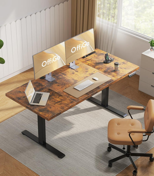 71 Inch Executive Electric Standing Desk, Height Adjustable Desk with Power Outlet & 1.38" Thick 3-Piece Desktop, Sit Stand Computer Desk for Home, Office, Conference Room, Rustic Brown