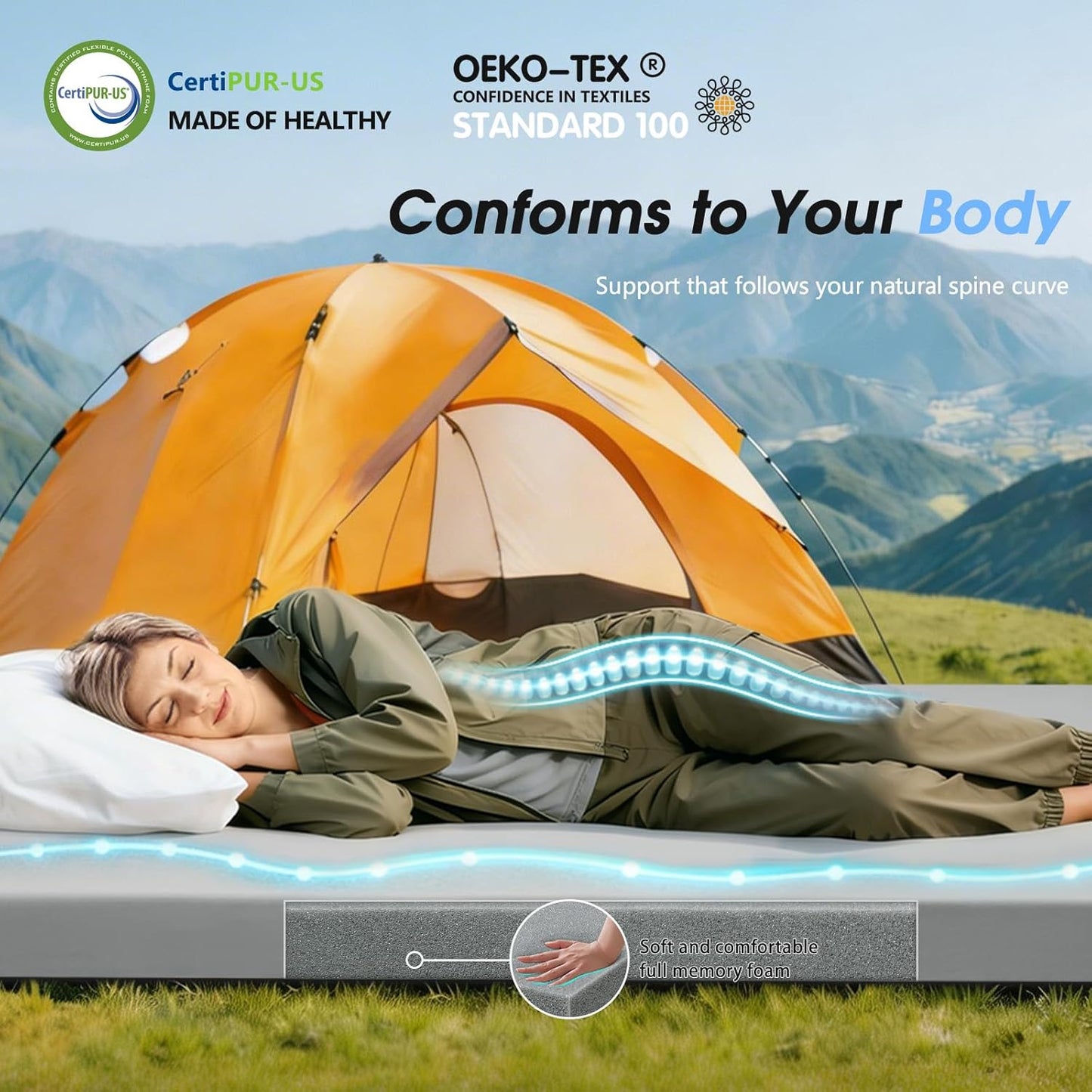 Memory Foam Camping Mattress Pad,3Inch Sleeping Pad for Camping,Non-Slip Bottom Floor Cot Car Mattress Bed with Retaining Portable Roll up Mattress Pad Mat for Travel Truck Guest Bed Tent
