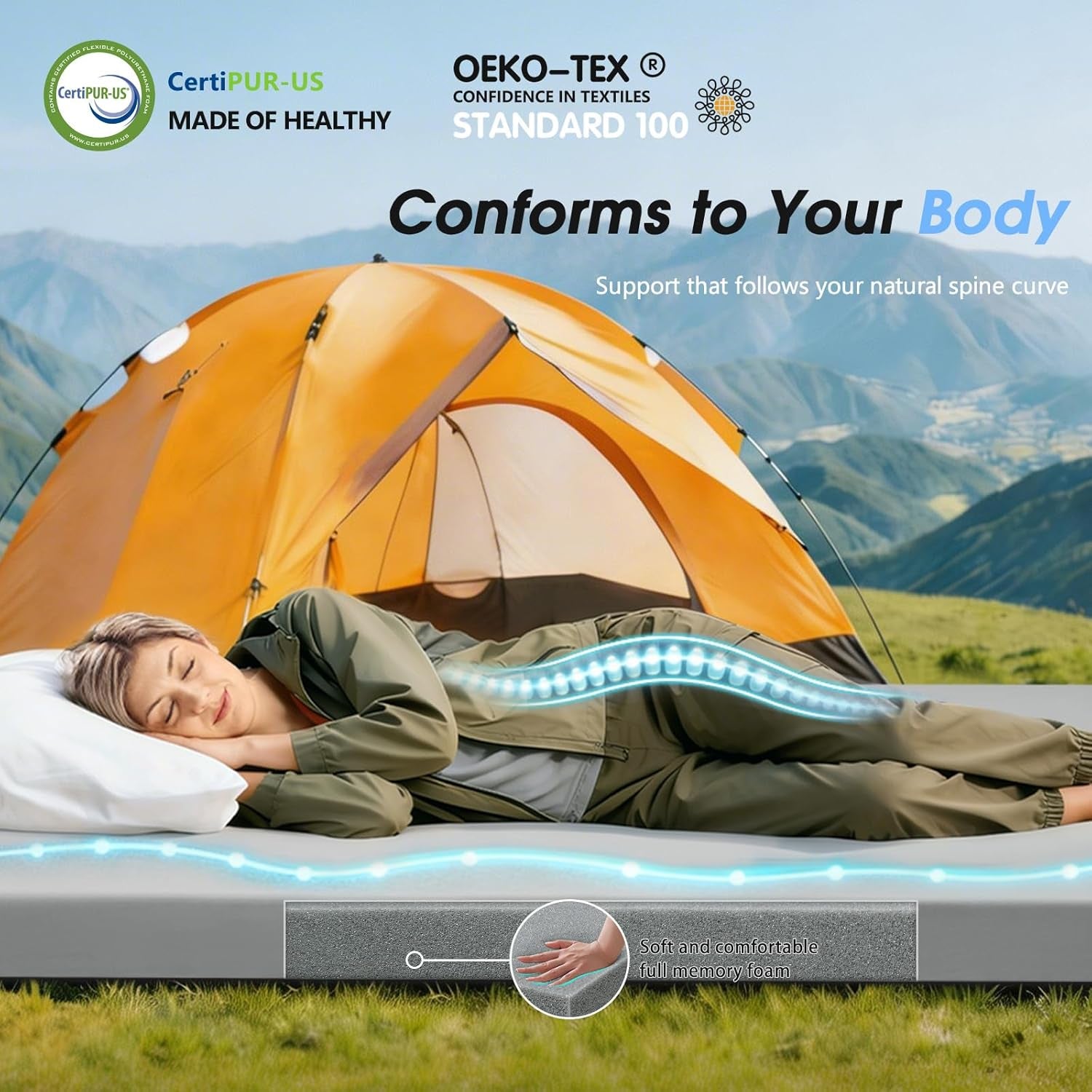 Memory Foam Camping Mattress Pad,3Inch Sleeping Pad for Camping,Non-Slip Bottom Floor Cot Car Mattress Bed with Retaining Portable Roll up Mattress Pad Mat for Travel Truck Guest Bed Tent