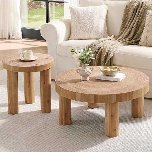 2-Piece round Farmhouse Coffee Table, Rustic Coffee Table Sets, Circle Wooden Ring Finish with Solid Wood Legs, Center Tables Set for Living Room (Natural)