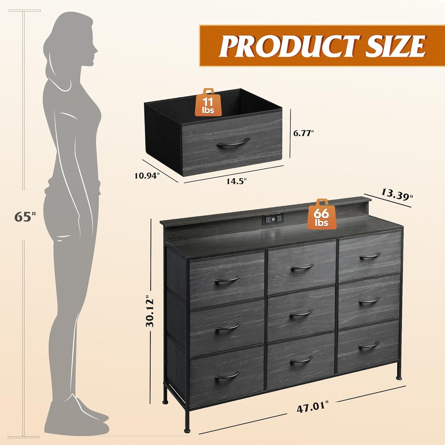 Black Dresser TV Stand for 45, 50, 55 Inch TV, Entertainment Center with LED Lights & Charging Station, Chest of Drawers with 9 Fabric Drawers and Open Shelves for Living Room, Hallway, Wood Top