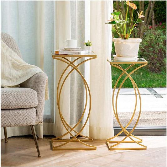 Nesting Side Tables, Set of 2 End Tables with Metal Frame & Tempered Glass Top, Coffee Tables Decorative Accent Tables for Bedroom, Living Room, Home Office - Golden