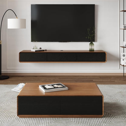 Modern Coffee Table for Living Room, 51 Inch Square Coffee Table with Storage, 4-Drawers Wood Table, Full-Assembled, Walnut and Black