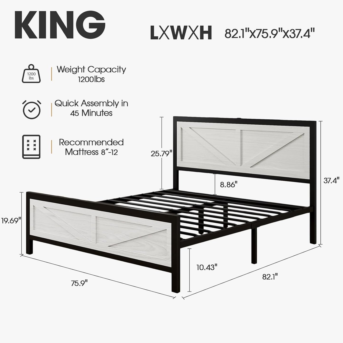 Rustic Bed Frame King Size with Barn Door Headboard, LED Bed Frame with Charging Station, Industrial Platform Metal Bed Frames, No Box Spring Needed, Easy Assembly, White