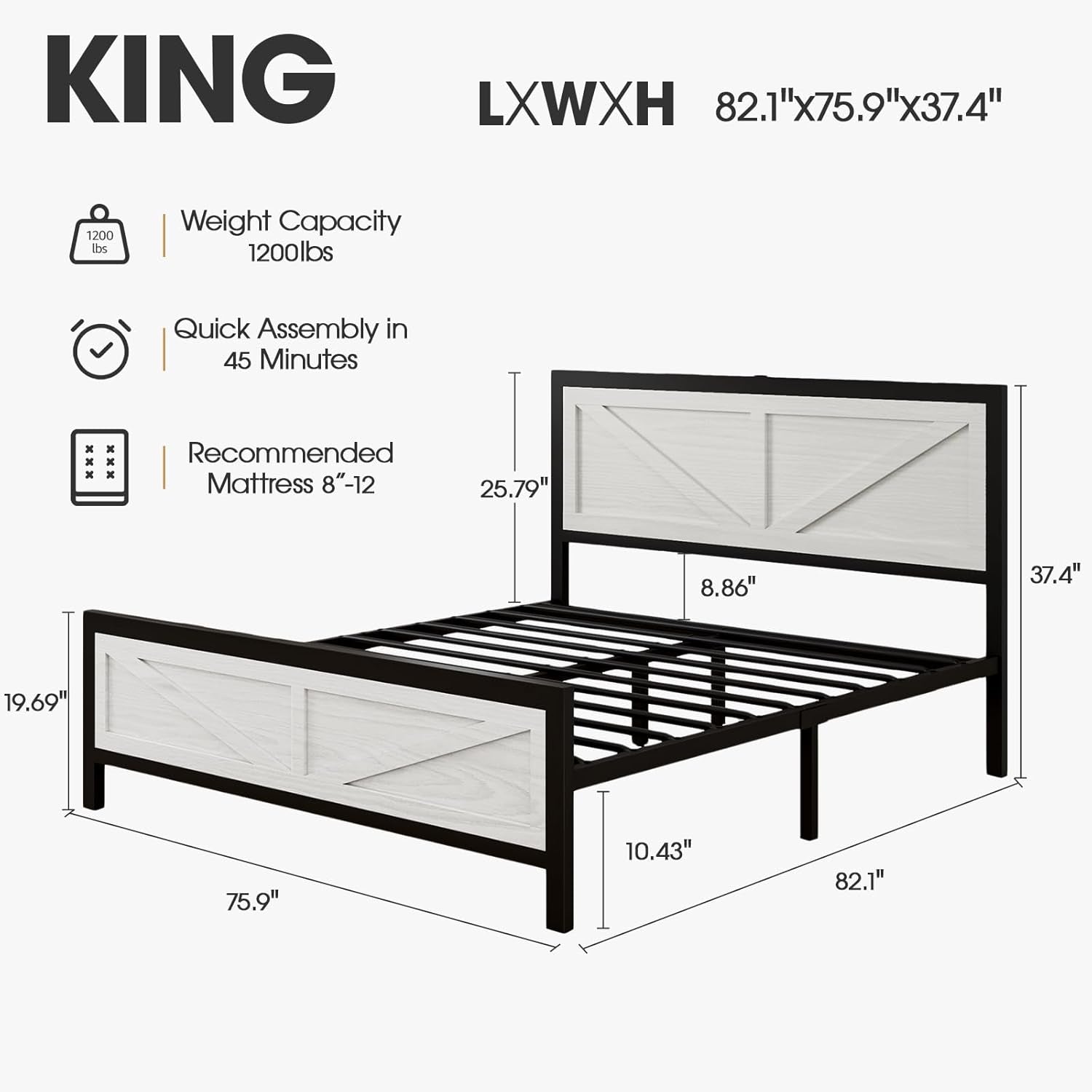 Rustic Bed Frame King Size with Barn Door Headboard, LED Bed Frame with Charging Station, Industrial Platform Metal Bed Frames, No Box Spring Needed, Easy Assembly, White